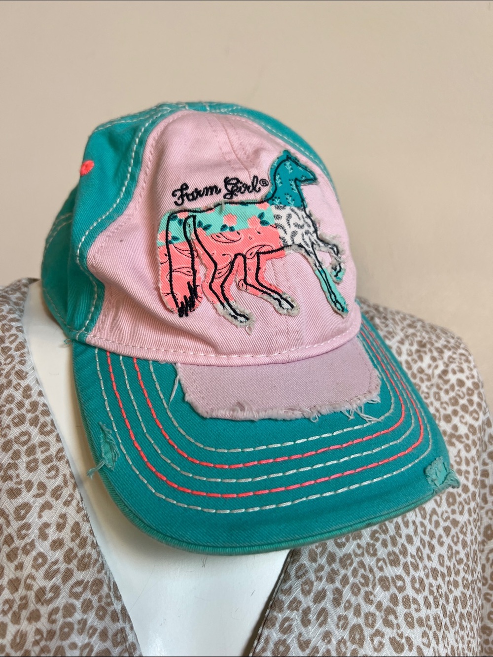 Farm Girl horse hat Turquoise & Pink Baseball Cap distressed with horse appliqué